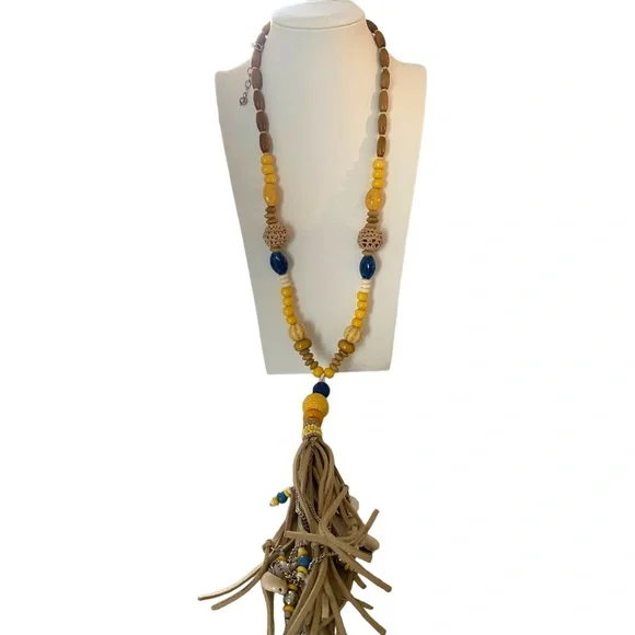 Chico's Long Wood Bead Leather Tassel Lariat Necklace Yellow Blue statement long - Picture 2 of 16